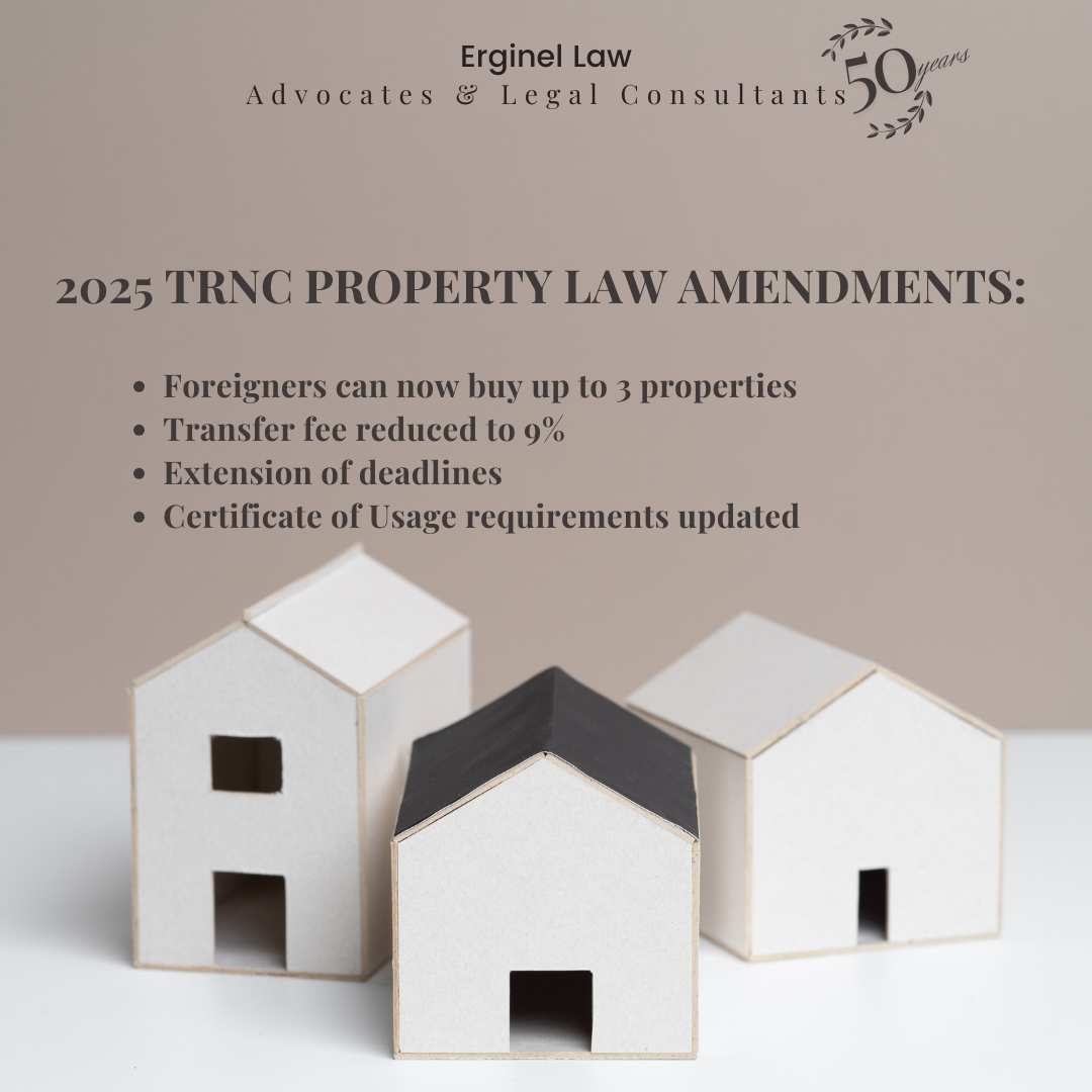 Banner showing 2025 TRNC property law updates: foreigners can buy up to 3 properties, transfer fee reduced to 9%, extended deadlines, and updated Certificate of Usage requirements.